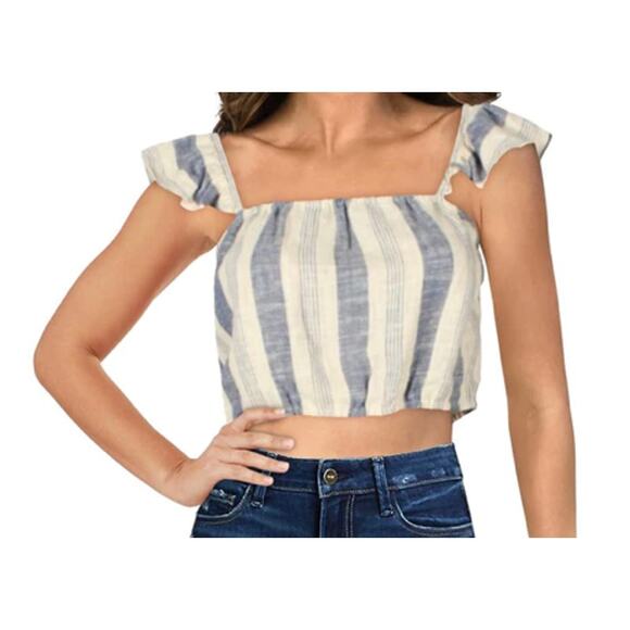 Alice + Olivia blue cream Celestia Flutter sleeve crop top linen stripes Size S - Picture 2 of 5